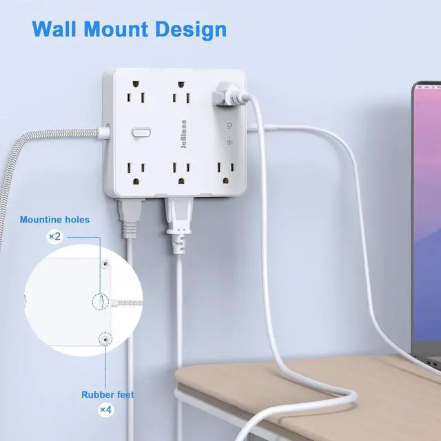 Alt view image 4 of 7 - Surge Protector Power Strip with USB Ports, 5Ft Braided Ultra Thin Flat Plug Extension Cord Power Strip with 3-Side 12 Widely Outlets, Wall Mount Overload Protection, Desk Charging Station