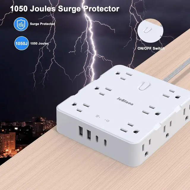 Alt view image 3 of 7 - Surge Protector Power Strip with USB Ports, 5Ft Braided Ultra Thin Flat Plug Extension Cord Power Strip with 3-Side 12 Widely Outlets, Wall Mount Overload Protection, Desk Charging Station