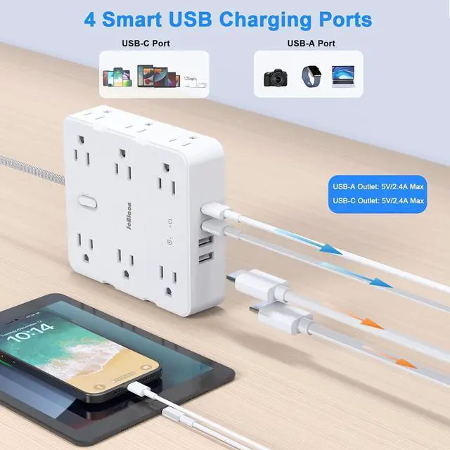 Alt view image 2 of 7 - Surge Protector Power Strip with USB Ports, 5Ft Braided Ultra Thin Flat Plug Extension Cord Power Strip with 3-Side 12 Widely Outlets, Wall Mount Overload Protection, Desk Charging Station
