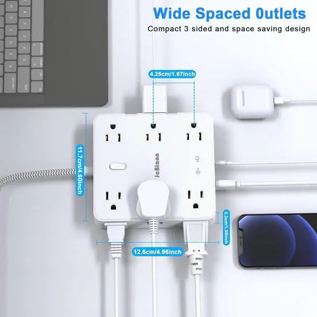 Alt view image 5 of 7 - Surge Protector Power Strip with USB Ports, 5Ft Braided Ultra Thin Flat Plug Extension Cord Power Strip with 3-Side 12 Widely Outlets, Wall Mount Overload Protection, Desk Charging Station