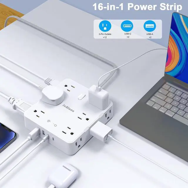 Alt view image 6 of 7 - Surge Protector Power Strip with USB Ports, 5Ft Braided Ultra Thin Flat Plug Extension Cord Power Strip with 3-Side 12 Widely Outlets, Wall Mount Overload Protection, Desk Charging Station