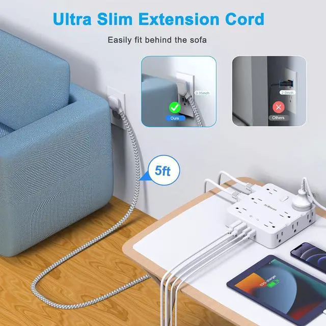Alt view image 7 of 7 - Surge Protector Power Strip with USB Ports, 5Ft Braided Ultra Thin Flat Plug Extension Cord Power Strip with 3-Side 12 Widely Outlets, Wall Mount Overload Protection, Desk Charging Station