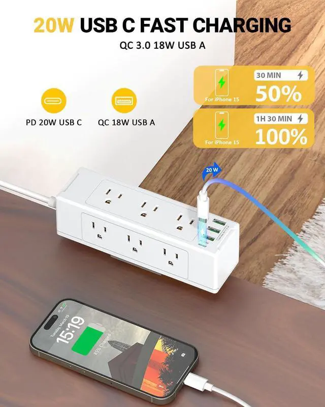 Alt view image 2 of 7 - Desk Clamp Power Strip with USB Port, Desk Outlet 1700 Joules Surge Protector Power Strip, Desk Edge Mount Outlets with 9 Outlets and 4 USB Ports, Removable Clamp Power Strip, 6 FT Flat Plug