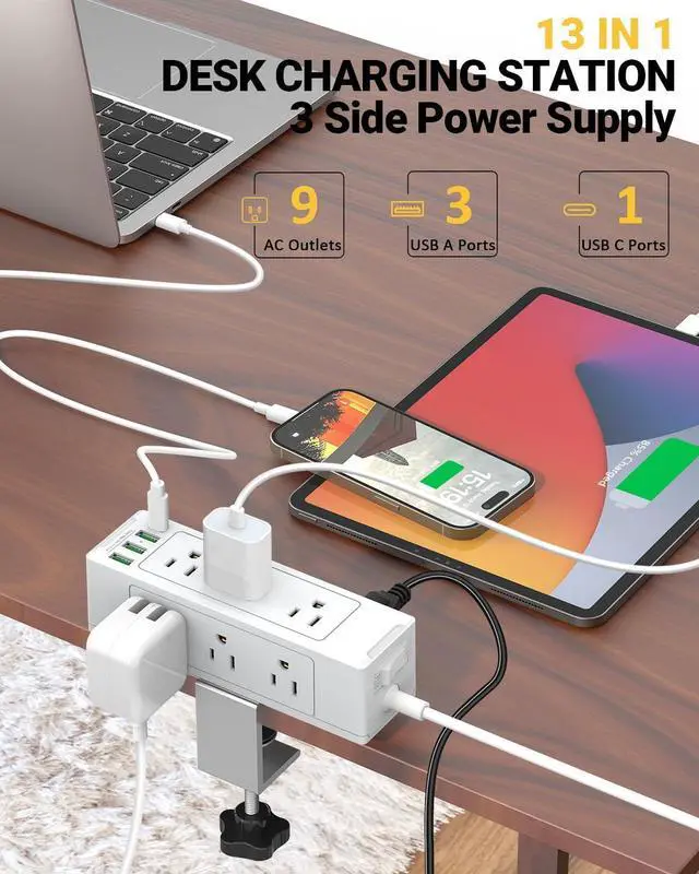 Alt view image 3 of 7 - Desk Clamp Power Strip with USB Port, Desk Outlet 1700 Joules Surge Protector Power Strip, Desk Edge Mount Outlets with 9 Outlets and 4 USB Ports, Removable Clamp Power Strip, 6 FT Flat Plug