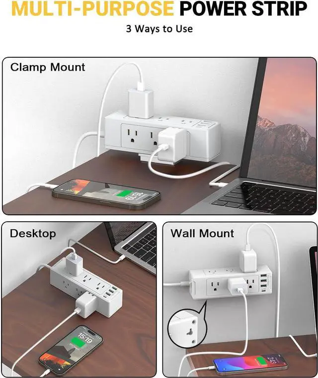 Alt view image 6 of 7 - Desk Clamp Power Strip with USB Port, Desk Outlet 1700 Joules Surge Protector Power Strip, Desk Edge Mount Outlets with 9 Outlets and 4 USB Ports, Removable Clamp Power Strip, 6 FT Flat Plug