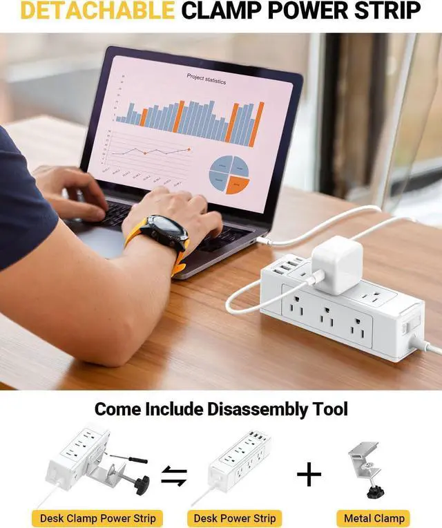 Alt view image 5 of 7 - Desk Clamp Power Strip with USB Port, Desk Outlet 1700 Joules Surge Protector Power Strip, Desk Edge Mount Outlets with 9 Outlets and 4 USB Ports, Removable Clamp Power Strip, 6 FT Flat Plug