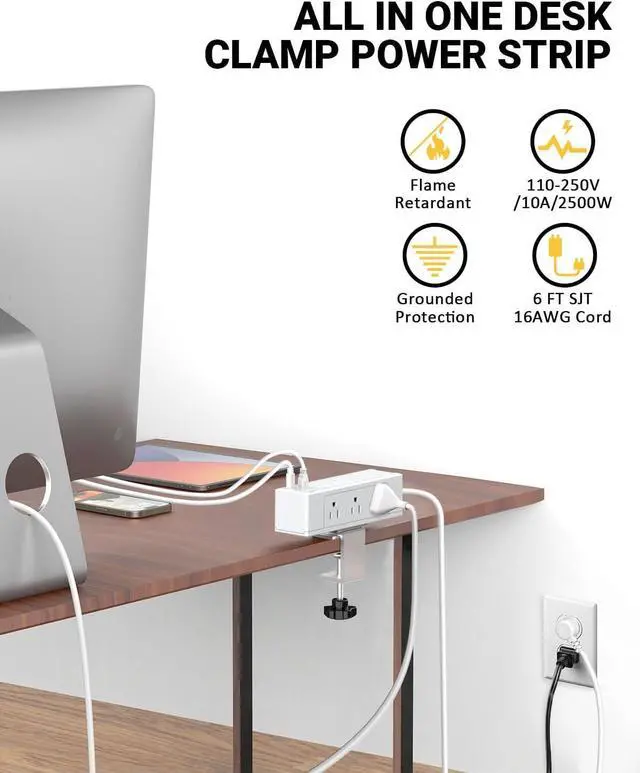 Alt view image 7 of 7 - Desk Clamp Power Strip with USB Port, Desk Outlet 1700 Joules Surge Protector Power Strip, Desk Edge Mount Outlets with 9 Outlets and 4 USB Ports, Removable Clamp Power Strip, 6 FT Flat Plug