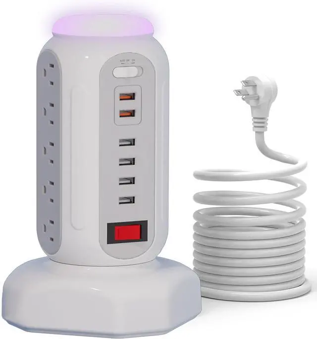 Main image of Multiple Outlets Power Strip Tower with Colorful Nightlight, 15 AC Outlets and 6 Fasting USB Ports, 6.5ft Extension Cord, 900J Surge Protector with Outlet Overload Protection for Home, Office (White)