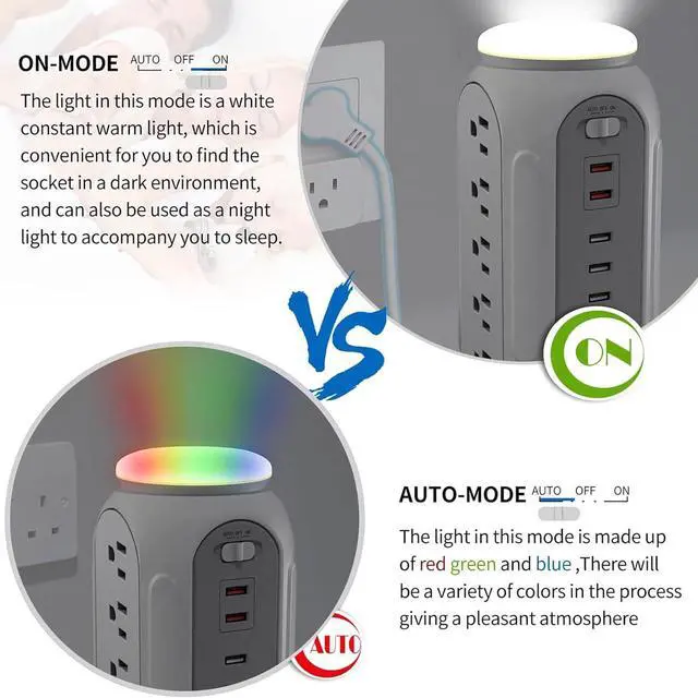 Alt view image 3 of 6 - Multiple Outlets Power Strip Tower with Colorful Nightlight, 15 AC Outlets and 6 Fasting USB Ports, 6.5ft Extension Cord, 900J Surge Protector with Outlet Overload Protection for Home, Office (White)