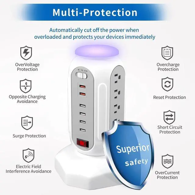 Alt view image 4 of 6 - Multiple Outlets Power Strip Tower with Colorful Nightlight, 15 AC Outlets and 6 Fasting USB Ports, 6.5ft Extension Cord, 900J Surge Protector with Outlet Overload Protection for Home, Office (White)