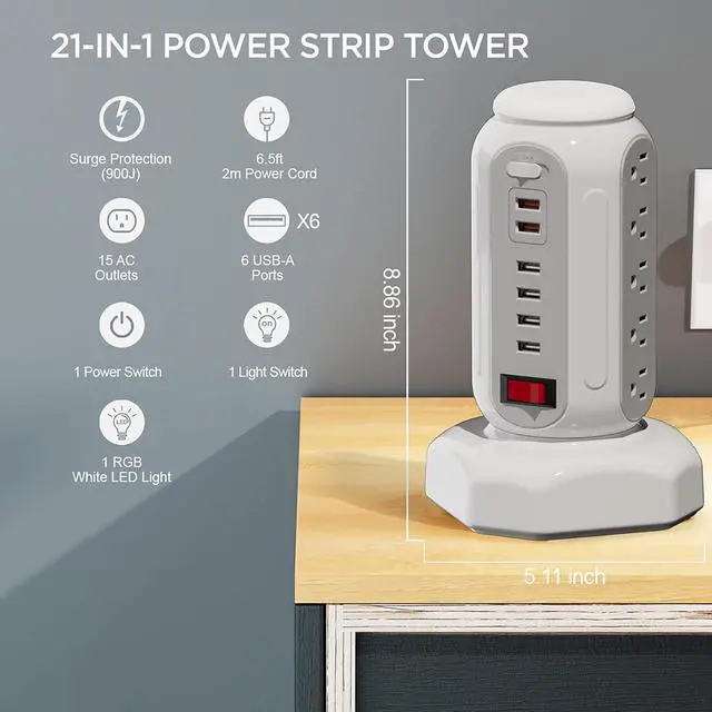 Alt view image 6 of 6 - Multiple Outlets Power Strip Tower with Colorful Nightlight, 15 AC Outlets and 6 Fasting USB Ports, 6.5ft Extension Cord, 900J Surge Protector with Outlet Overload Protection for Home, Office (White)