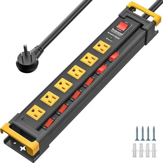 Main image of 6 Outlet Heavy Duty Power Strip with Individual Switches, 3300J Surge Protector Metal Mountable Power Strip, 6FT Cord Management, Wide-Spaced, ETL Listed (15A/1875W)