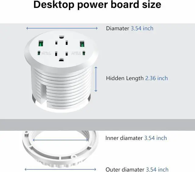 Alt view image 5 of 7 - Desktop Power Grommet,40W Fast Charging Station,2 AC Outlets,4 USB Ports,Flush Mount Power Grommet 3-inch Hole,2 PD 20W USB C Ports