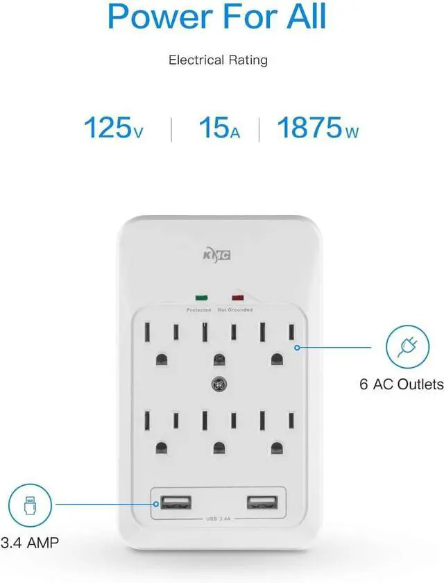 Alt view image 3 of 7 - KMC 6-Outlet Surge Tap, 2 USB Ports (3.4A), 980 Joules Surge Protector, White (2 Pack)