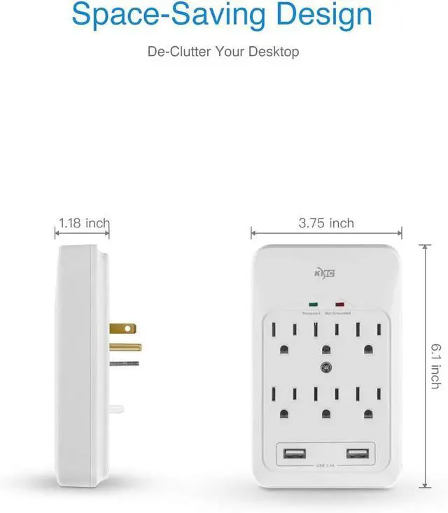 Alt view image 7 of 7 - KMC 6-Outlet Surge Tap, 2 USB Ports (3.4A), 980 Joules Surge Protector, White (2 Pack)