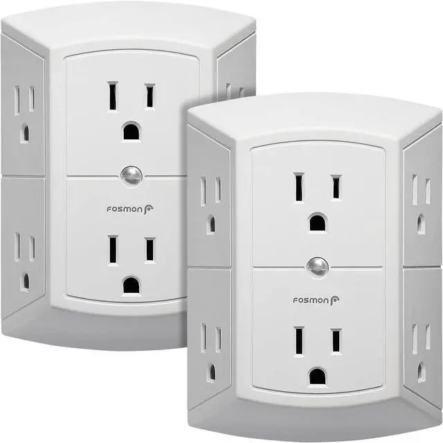Main image of Fosmon 6-Outlet Wall Plug, Six Plug Outlet Adapter, Multiple 6 Way Wall Plug Extender for Travel, Cruise, Dorm, Home and Office, 15A 125V 1875W, 3 Prong, 2 Pack
