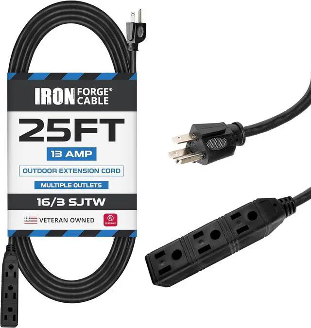 Main image of Iron Forge Cable 3 Outlet Power Strip Outdoor Extension Cord 25 ft, 16/3 Heavy Duty Black Extension Cord with Multiple Outlets 3 Prong, Weatherproof Power Cable Multi Plugs for Outside, Lamp & Office