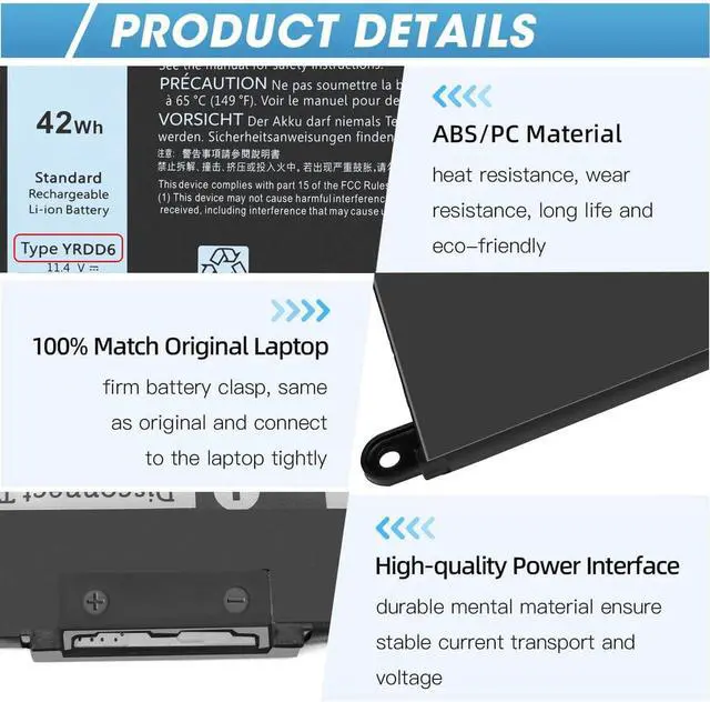 Alt view image 5 of 7 - 42Wh YRDD6 Battery for Dell Inspiron 15 3582 3583 3584 P75F 3593 5584 5585 5590 5593 5594 5598 5582 7586 14 3493 5481 P93G 5482 5485 5491 5482 2-in-1 5493 17 3793 Vostro 5481 5590 1VX1H VM732 OVM732