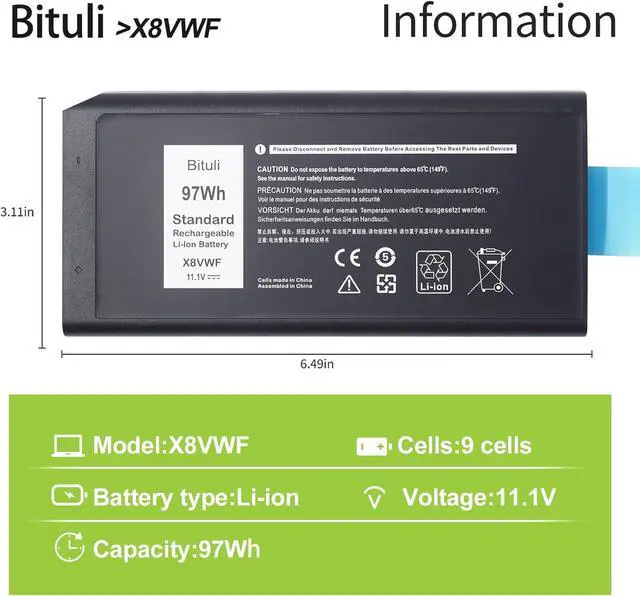 Alt view image 2 of 6 - X8VWF CJ2K1 Laptop Battery for Dell Latitude 14 Rugged 5404 5414 E5404 Extreme 7404 7414 E7404 Series P45G P45G002 P46G P46G001 P46G002 DKNKD 5XT3V VCWGN XN4KN XRJDF YGV51 4XKN5 97Wh