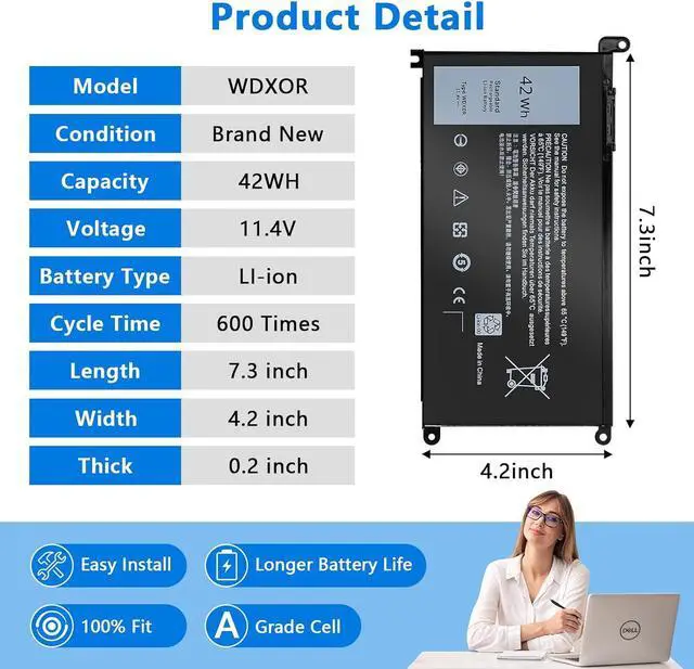 Alt view image 4 of 6 - WDX0R Laptop Battery Replacement for Dell inspiron 13 14 15 7000 5000 Series 5379 5567 5570 5579 7378 7573 7579 Latitude 3500 3400 3340 3580 3590 3480 3490 3189 3390 3190 P69G P58F 3CRH3 42Wh 11.4V