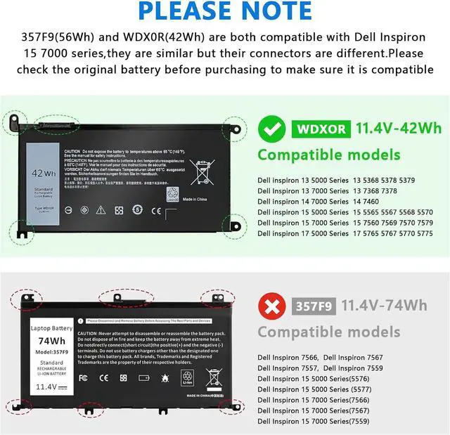Alt view image 5 of 6 - WDX0R Laptop Battery Replacement for Dell inspiron 13 14 15 7000 5000 Series 5379 5567 5570 5579 7378 7573 7579 Latitude 3500 3400 3340 3580 3590 3480 3490 3189 3390 3190 P69G P58F 3CRH3 42Wh 11.4V