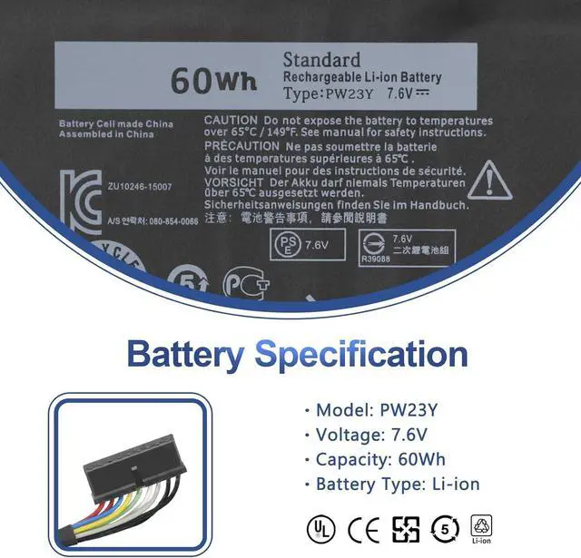 Alt view image 2 of 7 - PW23Y 60Wh Laptop Battery Replacement for Dell XPS 13 9360 3-9360-D1605G 13-9360-D1605T 13-9360-D1505 13-9360-D1505G 13-9360-D1609 13-9360-D1609G 13-9360-D1705G 13-9360-D1805TG RNP72 0RNP72 0TP1GT