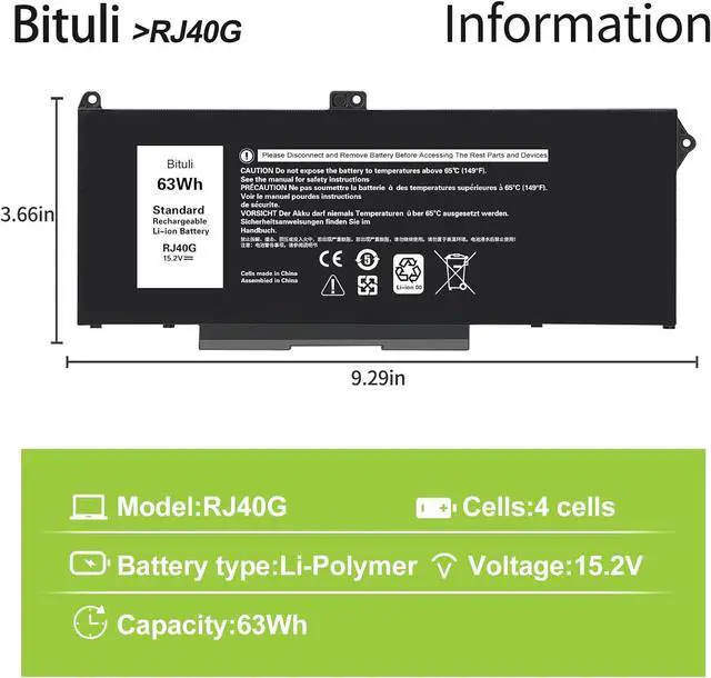 Alt view image 2 of 6 - RJ40G Laptop Battery Replacement for Dell Latitude 14 5420 Latitude 15 5520 Precision 15 3560 Series P137G P137G001 P104F P104F001 P104F002 075X16 01K2CF WY9DX 0WK3F1 0M3KCN 005R42 15.2V 63Wh