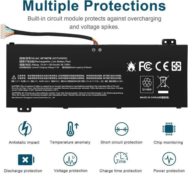 Alt view image 5 of 7 - AP18E7M Battery for Acer Nitro 5 AN515-44 AN515-54 AN517-51 Nitro 7 AN715-51, Aspire 7 A715-74G, Predator Helios 300 PH315-52 PH317-53, Triton 300 PT315-51, AP18E8M 4ICP4/69/90 4ICP4/70/88 KT00407009