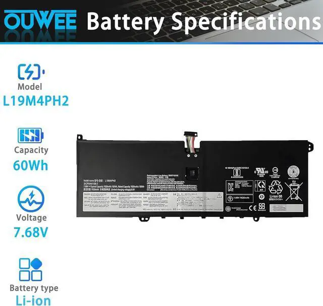 Alt view image 2 of 5 - L19M4PH2 5B10Z33896 L19C4PH2 5B10Z33895 Battery Replacement for Lenovo Yoga 9-14ITL5 Yoga 9i (14inch) 2-in-1 Series 7.68V 60Wh 7630mAh