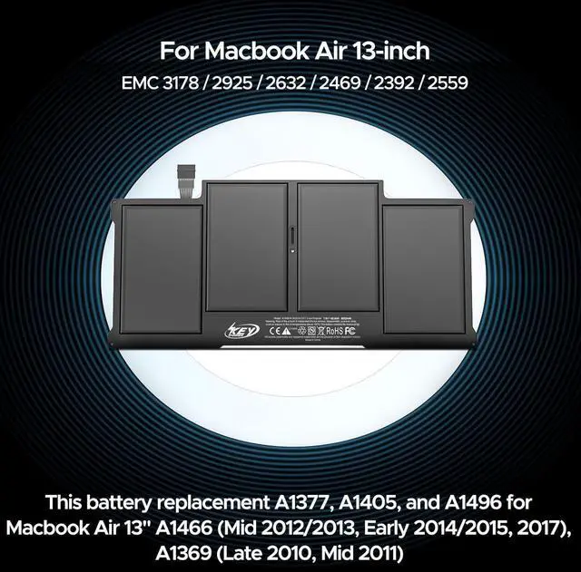 Alt view image 2 of 6 - Key Power A1466 Battery, 13 inch MacBook Air Battery Replacement for A1466 (Mid 2012/2013, Early 2014/2015, 2017), A1369 (Late 2010, Mid 2011), Compatible Laptop Models A1496 A1377 A1405
