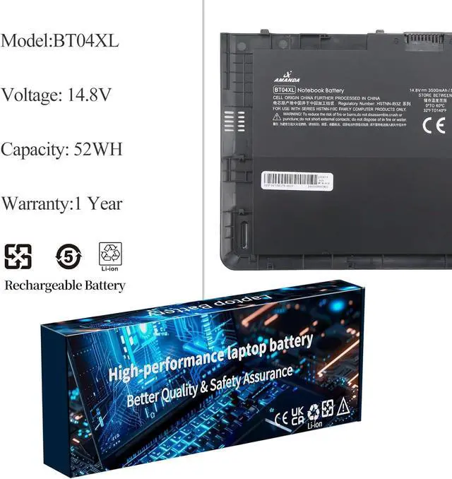 Alt view image 2 of 6 - BT04XL Notebook Battery for HP EliteBook Folio 9470 9470M 9480m Ultrabook BT04 BA06 HSTNN-IB3Z HSTNN-I10C 687945-001 H4Q47AA 687517-241 HSTNN-DB3Z 687517-171-14.8V 52WH