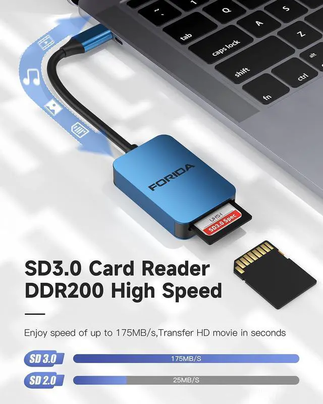 Alt view image 4 of 7 - FORIDA USB C SD Card Reader, USB 3.0 High Speed Dual Card Adapter Support DDR200 UP to 170MB/S, Compatible with V30 V60 V90 SD/TF Card, 2 Card Works Simultaneously for MacBook,iPhone