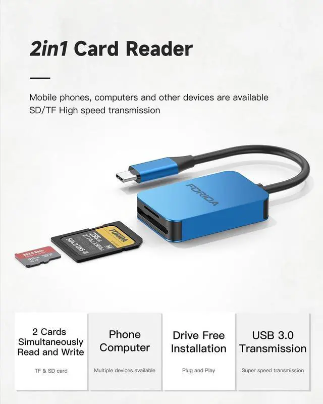 Alt view image 2 of 7 - FORIDA USB C SD Card Reader, USB 3.0 High Speed Dual Card Adapter Support DDR200 UP to 170MB/S, Compatible with V30 V60 V90 SD/TF Card, 2 Card Works Simultaneously for MacBook,iPhone