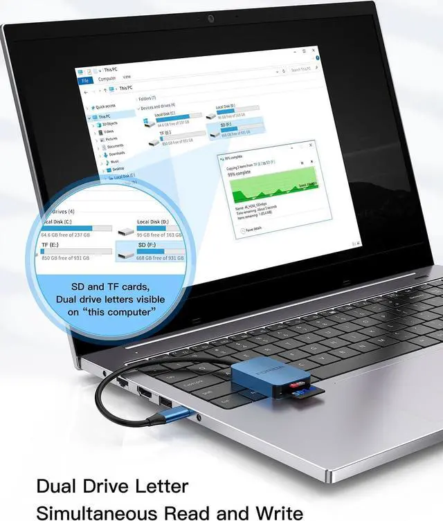 Alt view image 3 of 7 - FORIDA USB C SD Card Reader, USB 3.0 High Speed Dual Card Adapter Support DDR200 UP to 170MB/S, Compatible with V30 V60 V90 SD/TF Card, 2 Card Works Simultaneously for MacBook,iPhone