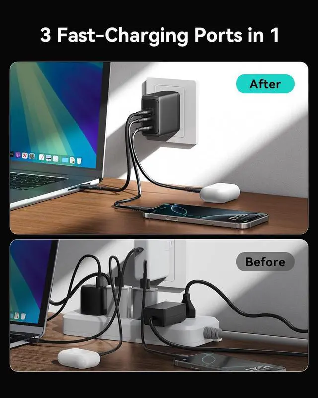 Alt view image 7 of 7 - INIU USB C Charger Block, 3-Port 100W PD Fast Charging, MacBook Charger with USB C Cable and Foldable Plug, GaN Tech, for MacBook Pro/Air, Laptop, iPhone 16, Samsung S25, iPad, Multiple Devices etc