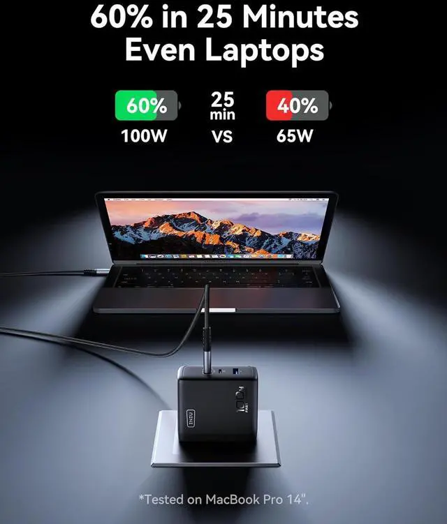 Alt view image 3 of 7 - INIU USB C Charger Block, 3-Port 100W PD Fast Charging, MacBook Charger with USB C Cable and Foldable Plug, GaN Tech, for MacBook Pro/Air, Laptop, iPhone 16, Samsung S25, iPad, Multiple Devices etc