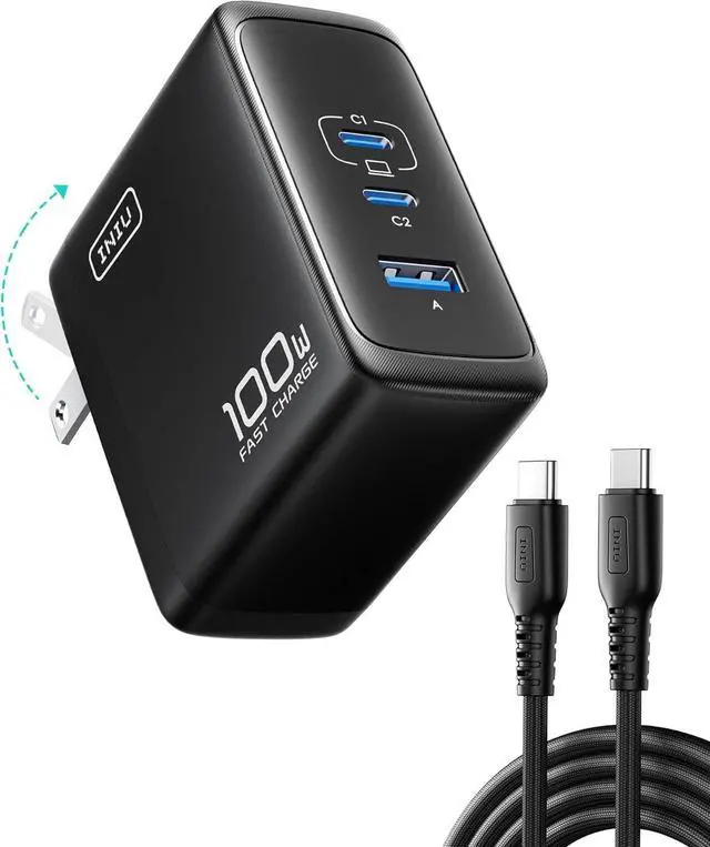 Main image of INIU USB C Charger Block, 3-Port 100W PD Fast Charging, MacBook Charger with USB C Cable and Foldable Plug, GaN Tech, for MacBook Pro/Air, Laptop, iPhone 16, Samsung S25, iPad, Multiple Devices etc