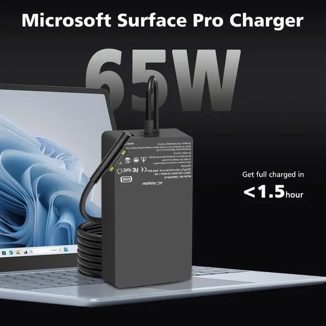 Alt view image 2 of 7 - 65W Surface Pro Laptop Charger for Microsoft Surface Pro 10, 9, 8, 7+, 7, 6, 5, 4, 3, X, Magnetic Surface Connector, Supports 65W, 44W, 36W, with USB Port