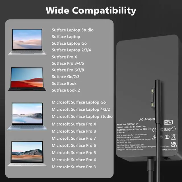 Alt view image 3 of 7 - 65W Surface Pro Laptop Charger for Microsoft Surface Pro 10, 9, 8, 7+, 7, 6, 5, 4, 3, X, Magnetic Surface Connector, Supports 65W, 44W, 36W, with USB Port