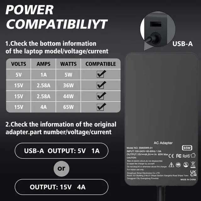 Alt view image 4 of 7 - 65W Surface Pro Laptop Charger for Microsoft Surface Pro 10, 9, 8, 7+, 7, 6, 5, 4, 3, X, Magnetic Surface Connector, Supports 65W, 44W, 36W, with USB Port