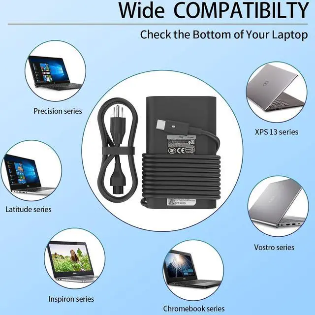 Alt view image 3 of 7 - New Slim 65W 60W 45W USB C Laptop Charger Fit for Dell Latitude 7350 5420 5520 5530 5540 7420 5430 5440 5290 7440 7400 7390 XPS 13 7390 9300 ChromeBook 3100 HA65NM170 AC Adapter Type C Power Cord