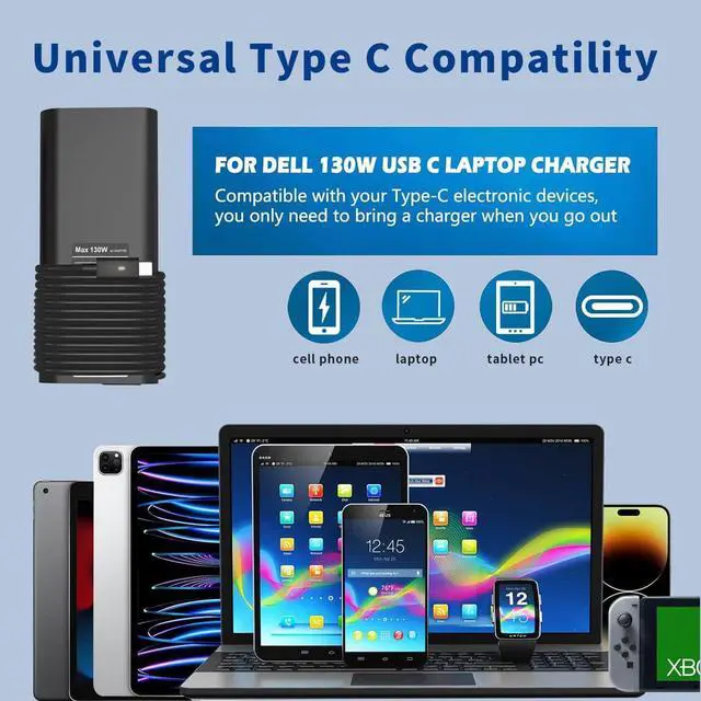 Alt view image 3 of 6 - 130W USB C Laptop Charger Compatible with  Laptop Charger Type C Slim AC Power Cord - Precision 5550 5560 5570 5750 3560 XPS 15 9500 9575 XPS 17 Latitude 7410 7310 USB C