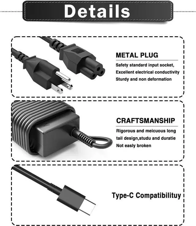 Alt view image 6 of 7 - 65W 45W USB C Laptop Charger for HP EliteBook 830 835 840 845 860 865 640 650 655 1040 G8 G9 G10 G11 Probook 440 445 450 455 460 465 G8 G9 G10 G11 Chromebook USB Type C