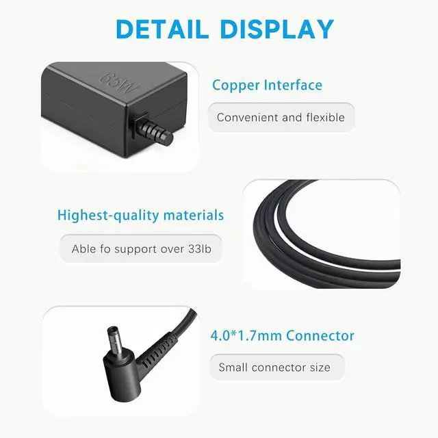 Alt view image 4 of 7 - 65W Laptop Charger for Lenovo IdeaPad 1 3 5 330-14, 330-15, 330-17, 510-15, 330s-14, 330s-15 Lenovo Flex 4 5 6 Ideapad 110 510 520 530s 710s S145 S340 Yoga 710 ADLX65CDGU2A (4.0x1.7mm)