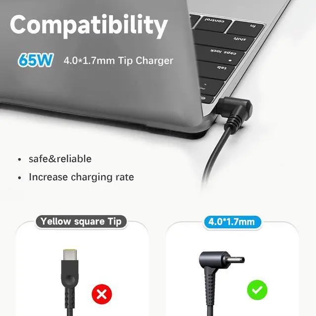 Alt view image 5 of 7 - 65W Laptop Charger for Lenovo IdeaPad 1 3 5 330-14, 330-15, 330-17, 510-15, 330s-14, 330s-15 Lenovo Flex 4 5 6 Ideapad 110 510 520 530s 710s S145 S340 Yoga 710 ADLX65CDGU2A (4.0x1.7mm)