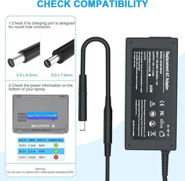 Alt view image 2 of 7 - 65W Laptop Charger for Dell Latitude 13 3301 3310 3390 14 3400 3410 3420 3490 15 3500 3510 3520 3590 Vostro 13 5301 5390 14 5401 5402 5490 15 3558 3559 - Upgrade Listed Adapter