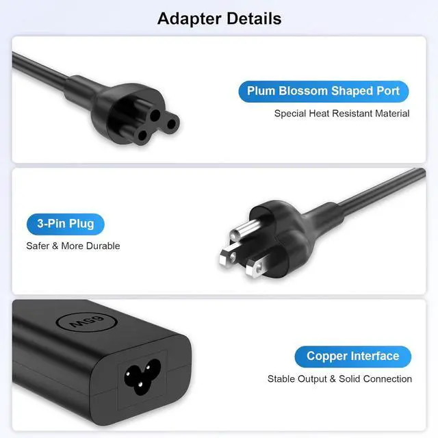Alt view image 5 of 6 - 65W 45Watt USB C Laptop Charger for Dell Latitude 5520 7420 5430 5530 5440 7440 3540 5420 3440, for Dell XPS 13 Chromebook 3100 3110 Charger USBC Type C Computer Fast Charging AC Adapter Power Cord
