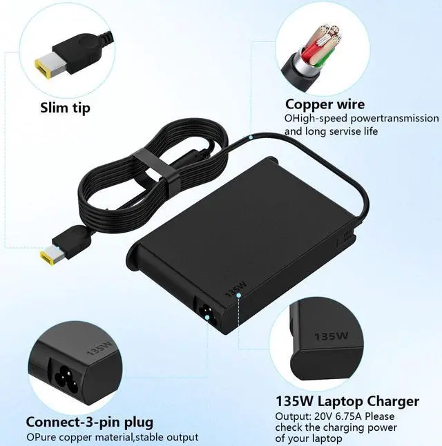 Alt view image 4 of 7 - 135W AC Charger Compatible with  ThinkPad X1 Extreme Gen 1 2 3 4 5 W540 W541 T440 T440S T440P T470P T540p T15p Ideapad Yoga Y50-70 Y50-80 Y50p Y50p-70 Y50c Laptop Power Supply Adapter
