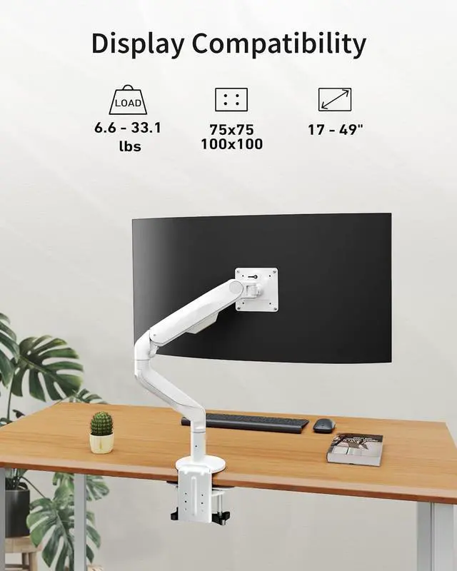 Alt view image 2 of 6 - Ultrawide Single Monitor Mount, Adjustable Gas Spring Monitor Arm for 17 to 49 inch Screens, 75/100 Vesa Mount with C-Clamp and Grommet Base, White