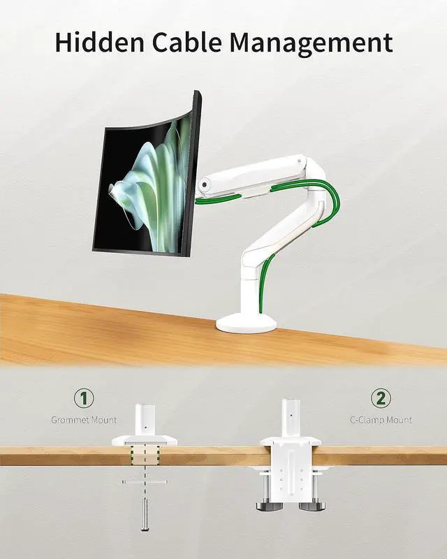 Alt view image 4 of 6 - Ultrawide Single Monitor Mount, Adjustable Gas Spring Monitor Arm for 17 to 49 inch Screens, 75/100 Vesa Mount with C-Clamp and Grommet Base, White
